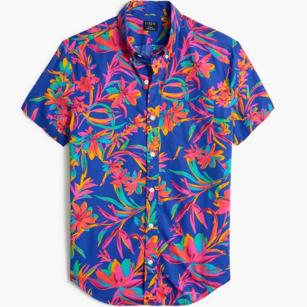 J. Crew Men’s Neon Tropical Floral Purple Blue Short Sleeve Button Down Medium